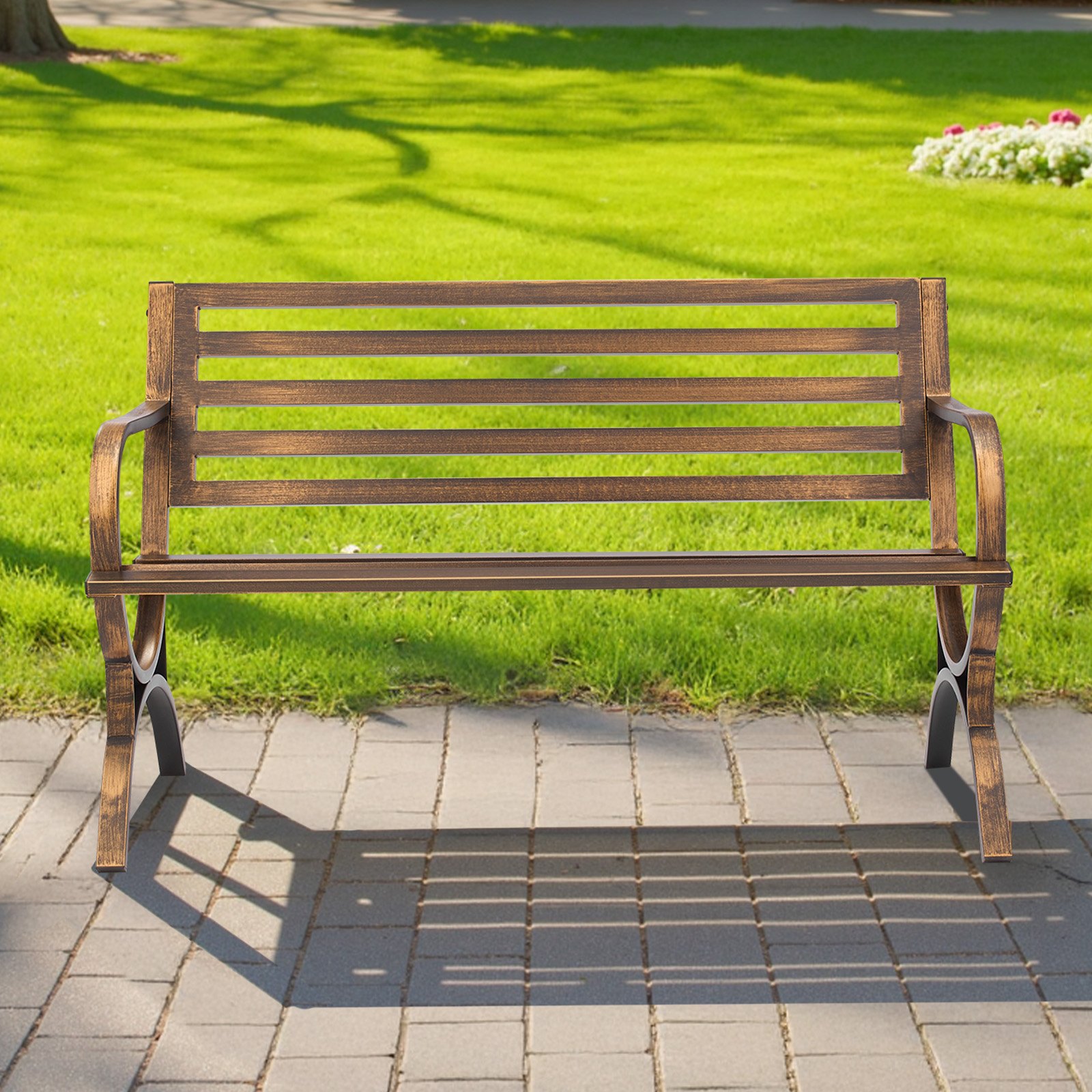 Ławka ogrodowa VEVOR, meble ogrodowe, 127 cm, nośność 250 kg, ławka ogrodowa, ławka na patio, ławka werandowa z wzorem listewkowym i podłokietnikami o zaokrąglonych krawędziach, ławka balkonowa z metalową ramą do parku, antyczny brąz