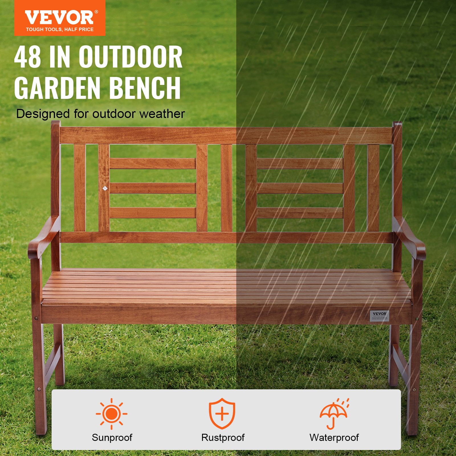VEVOR Garden Bench Terrace Bench made of wood, 122 cm Park Bench Resting Bench 318 kg load, 3 person Garden and Park capacity Bench with backrest & armrests, Vintage bench for garden, park, yard, veranda etc.