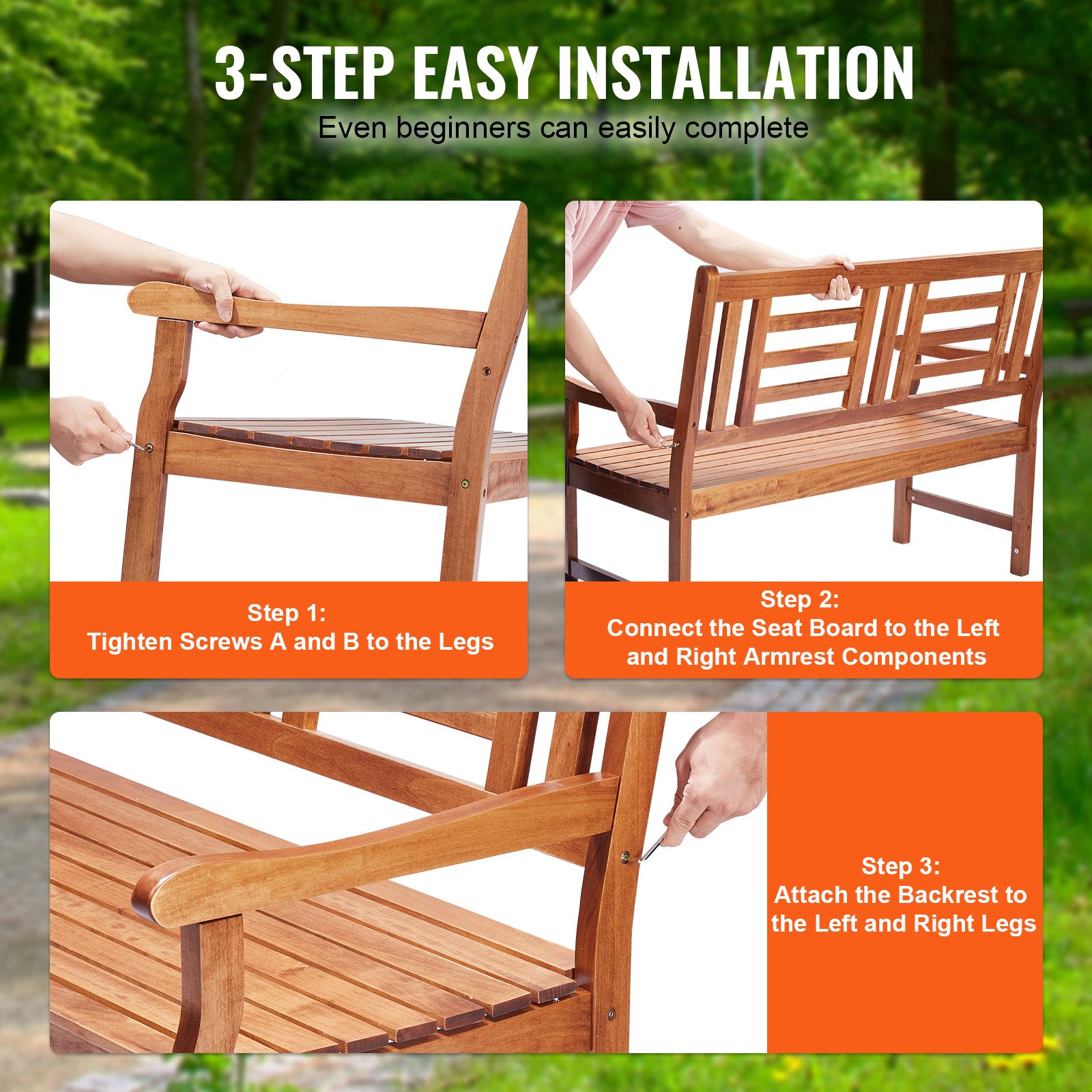 VEVOR Garden Bench Terrace Bench made of wood, 122 cm Park Bench Resting Bench 318 kg load, 3 person Garden and Park capacity Bench with backrest & armrests, Vintage bench for garden, park, yard, veranda etc.