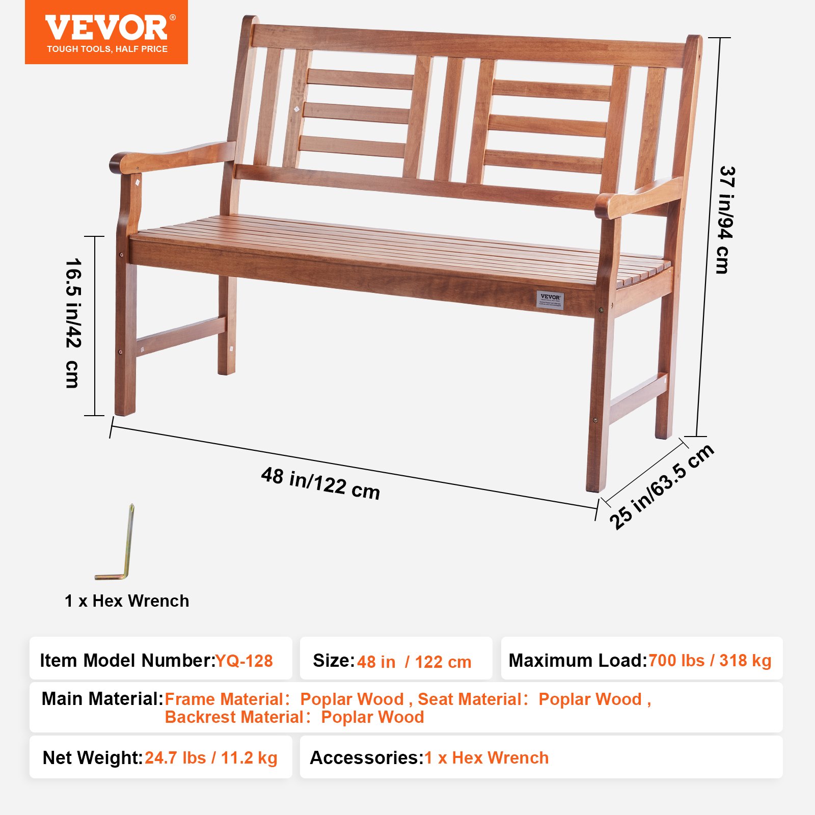 VEVOR Garden Bench Terrace Bench made of wood, 122 cm Park Bench Resting Bench 318 kg load, 3 person Garden and Park capacity Bench with backrest & armrests, Vintage bench for garden, park, yard, veranda etc.