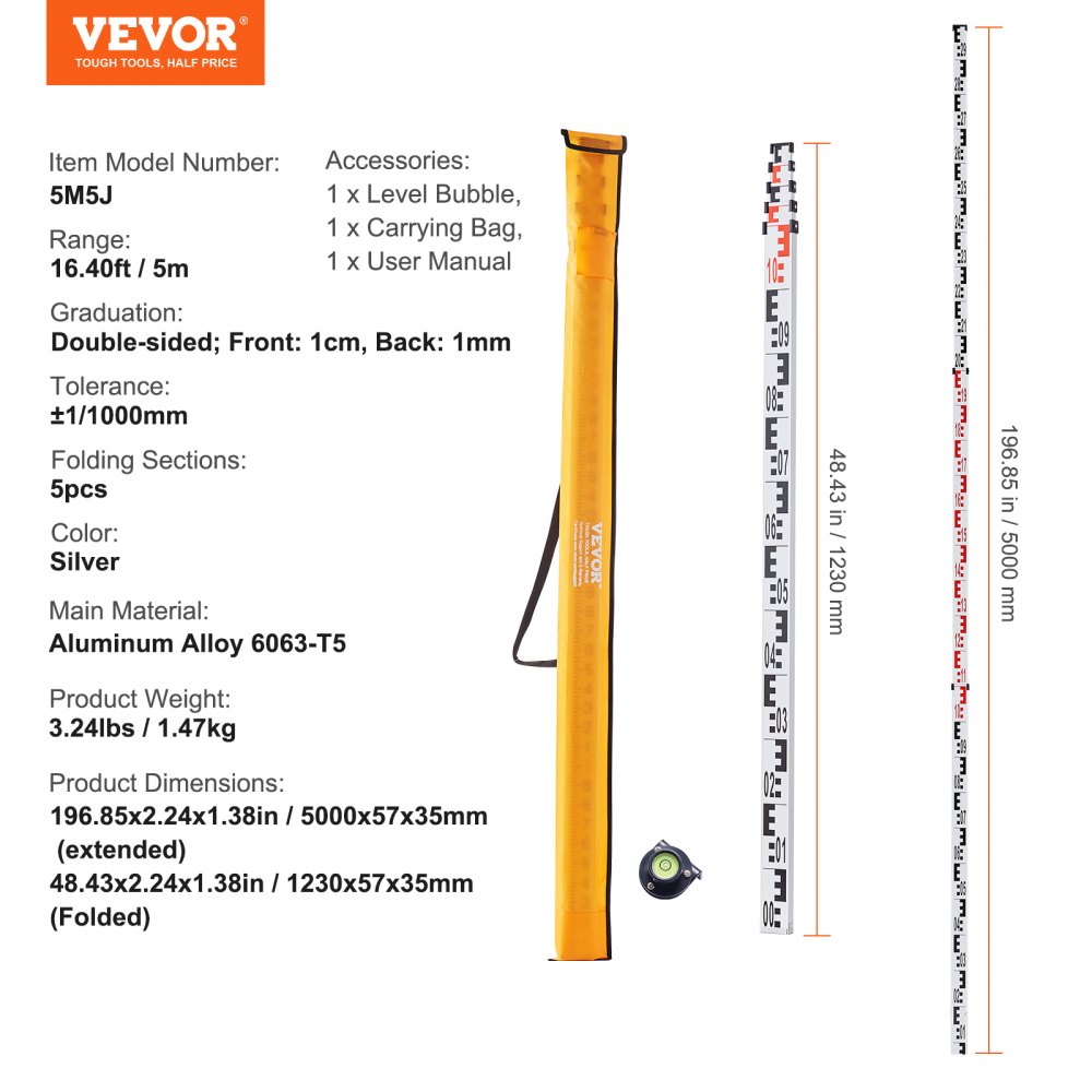VEVOR Aluminum Measuring Rod, 5 m Metric Telescopic Measuring Rod, Double-Sided Scale in cm/mm, Leveling Rod, Aluminum Alloy Surveying Rod with Spirit Level and Carrying Case for Measuring Houses, Walls, Floors