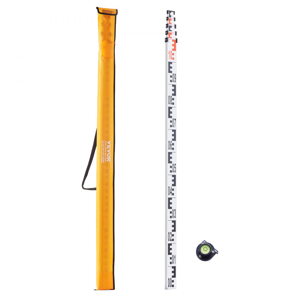 VEVOR Aluminum Measuring Rod, 5 m Metric Telescopic Measuring Rod, Double-Sided Scale in cm/mm, Leveling Rod, Aluminum Alloy Surveying Rod with Spirit Level and Carrying Case for Measuring Houses, Walls, Floors