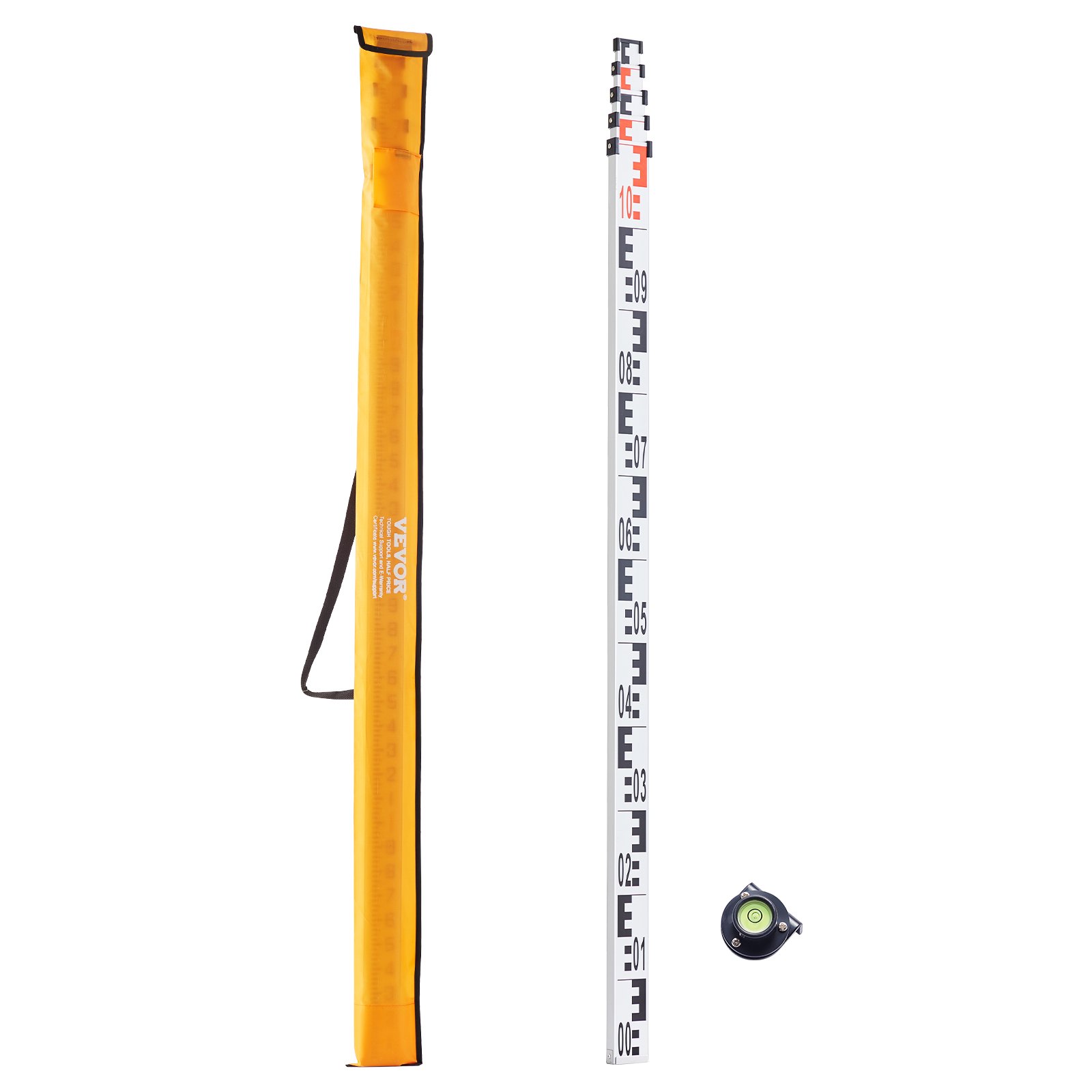 VEVOR Aluminum Measuring Rod, 5 m Metric Telescopic Measuring Rod, Double-Sided Scale in cm/mm, Leveling Rod, Aluminum Alloy Surveying Rod with Spirit Level and Carrying Case for Measuring Houses, Walls, Floors