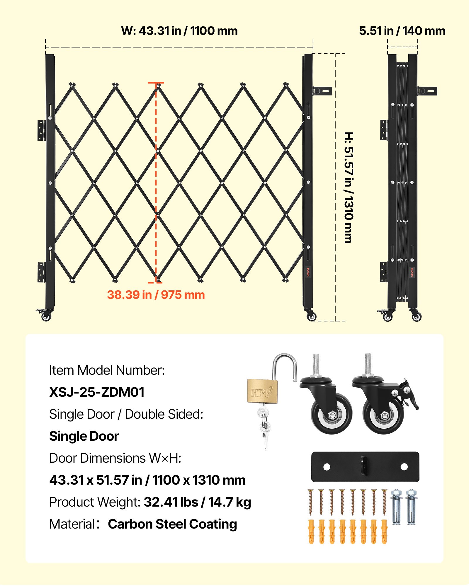 VEVOR Single Folding Security Gate, Lockable Scissor Gate with 360° Swivel Casters, Outdoor Barricade Steel Retractable Gates, for Entry Security, Garage, Warehouse & Pool, 1100 x 1310 mm (W x H)