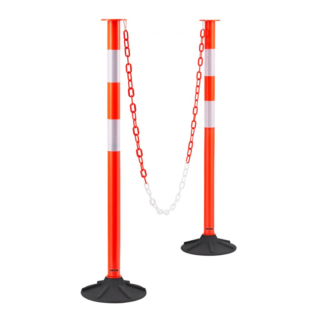VEVOR 2 Pack Traffic Delineator Posts, 871 mm Traffic Safety Cones with Weighted Base, Reflective Strips and Chain, Heavy Duty Delineator Posts for Construction Site, Parking Lot, Crowd Control, Red