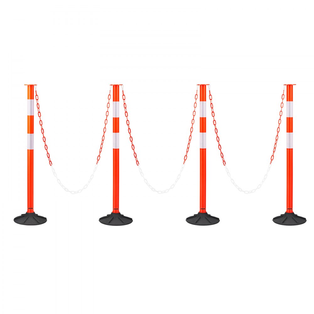 VEVOR 4 Pack Traffic Delineator Posts, 871 mm Traffic Safety Cones with Weighted Base, Reflective Strips and Chain, Heavy Duty Delineator Posts for Construction Site, Parking Lot, Crowd Control, Red