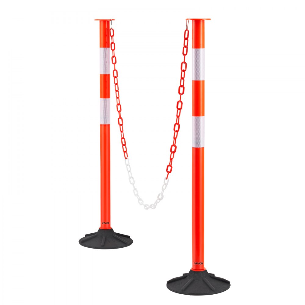 VEVOR 4 Pack Traffic Delineator Posts, 871 mm Traffic Safety Cones with Weighted Base, Reflective Strips and Chain, Heavy Duty Delineator Posts for Construction Site, Parking Lot, Crowd Control, Red