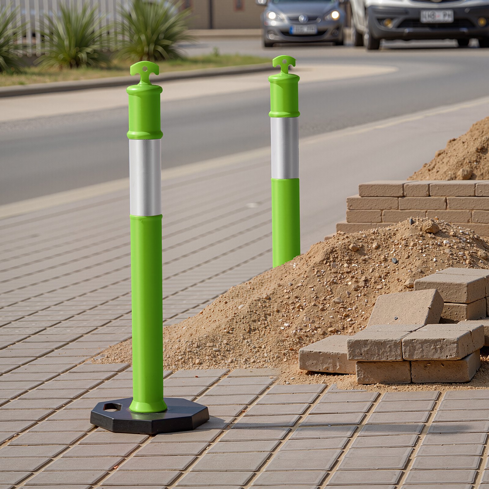 Słupki ograniczające ruch VEVOR, zestaw 3 szt. (114 cm) z obciążoną podstawą i paskami odblaskowymi, słupki ograniczające na place budowy, parkingi, bariery odgradzające ruch, zielone
