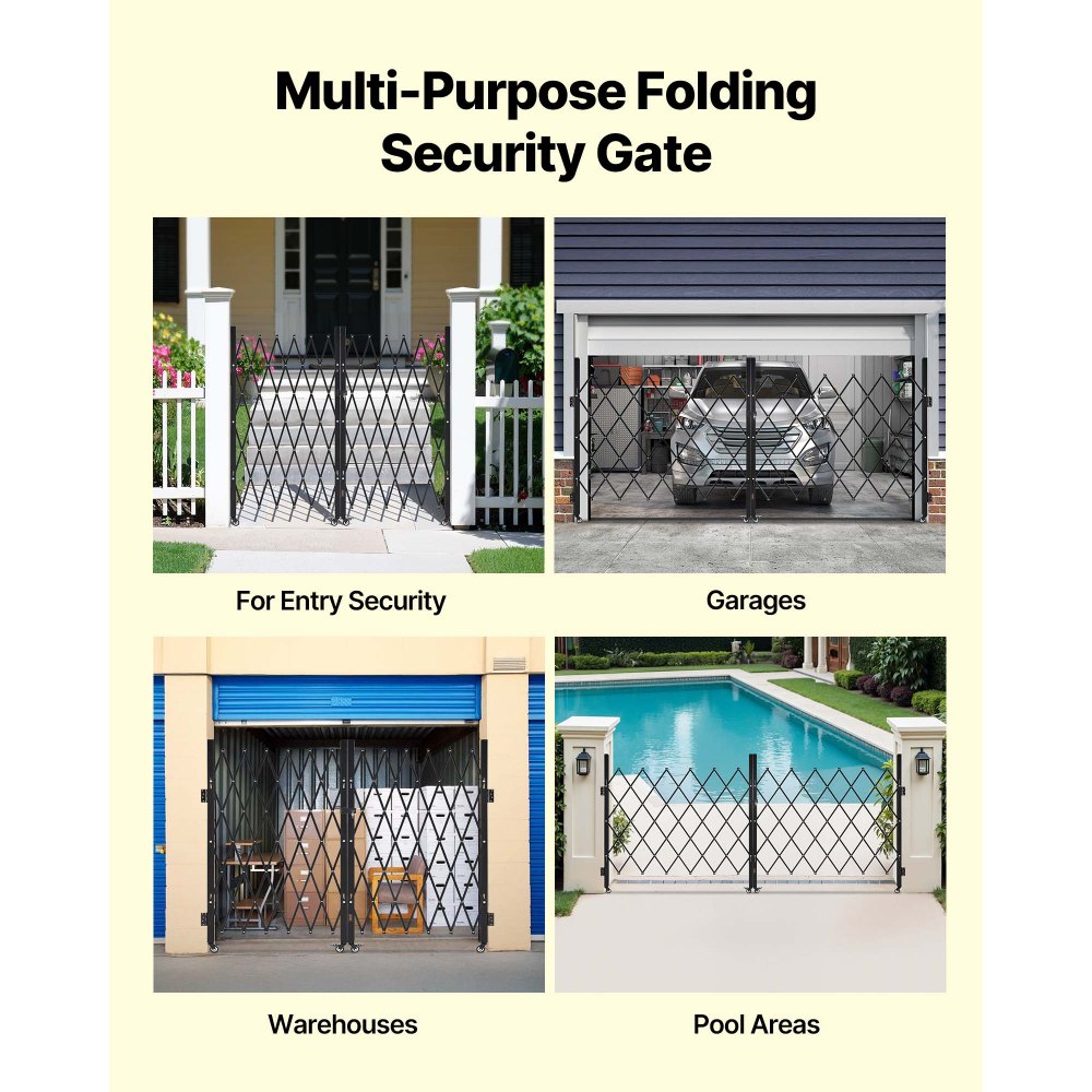 VEVOR Double Folding Security Gate, Lockable Scissor Gate with 360° Swivel Casters, Outdoor Barricade Steel Retractable Gates, for Entry Security, Garage, Warehouse & Pool, 3200 x 1605 mm in (W x H)