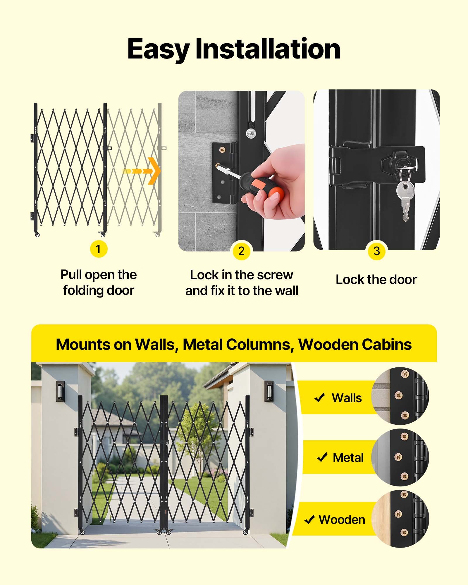 VEVOR Double Folding Security Gate, Lockable Scissor Gate with 360° Swivel Casters, Outdoor Barricade Steel Retractable Gates, for Entry Security, Garage, Warehouse & Pool, 3200 x 1605 mm in (W x H)