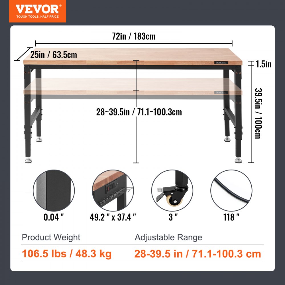 VEVOR adjustable workbench top, dimensions: 1829 x 635 mm, adjustable height: 71.1–100.3 cm, max. load: 1361 kg, table with power outlets, wooden top for office, home, garage
