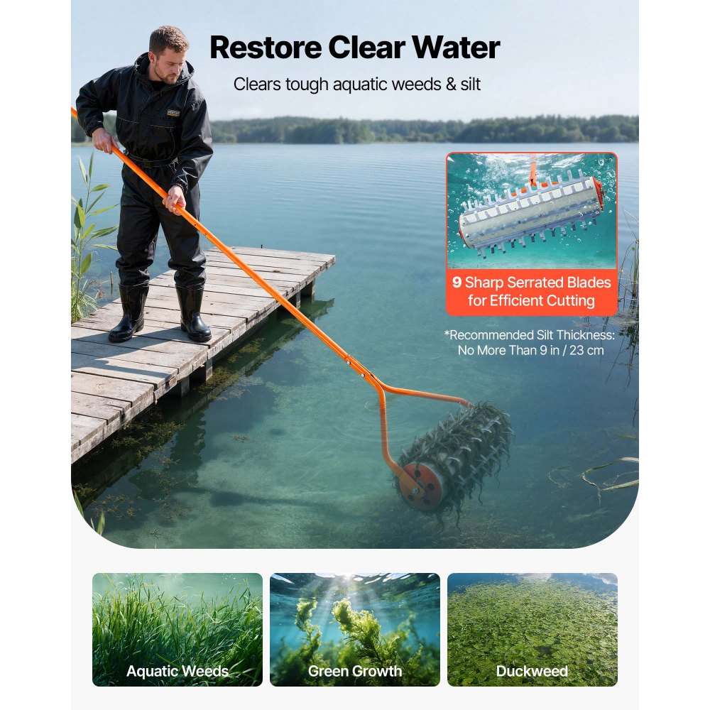 VEVOR Lake Weed Roller, 3.66 m Lake & Pond Weed Removal Tool, Muck Razer Aquatic & Sludge Tiller, Rid Roots and Muck Buildup, 9 Preassembled Galvanized Iron Blades, 3 Aluminum Handles, Easy Assembly