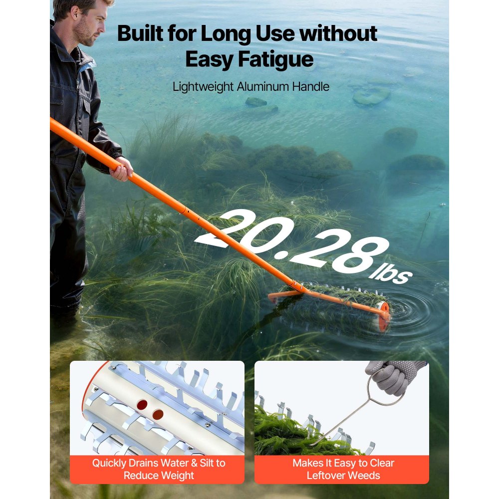 VEVOR Lake Weed Roller, 3.66 m Lake & Pond Weed Removal Tool, Muck Razer Aquatic & Sludge Tiller, Rid Roots and Muck Buildup, 9 Preassembled Galvanized Iron Blades, 3 Aluminum Handles, Easy Assembly
