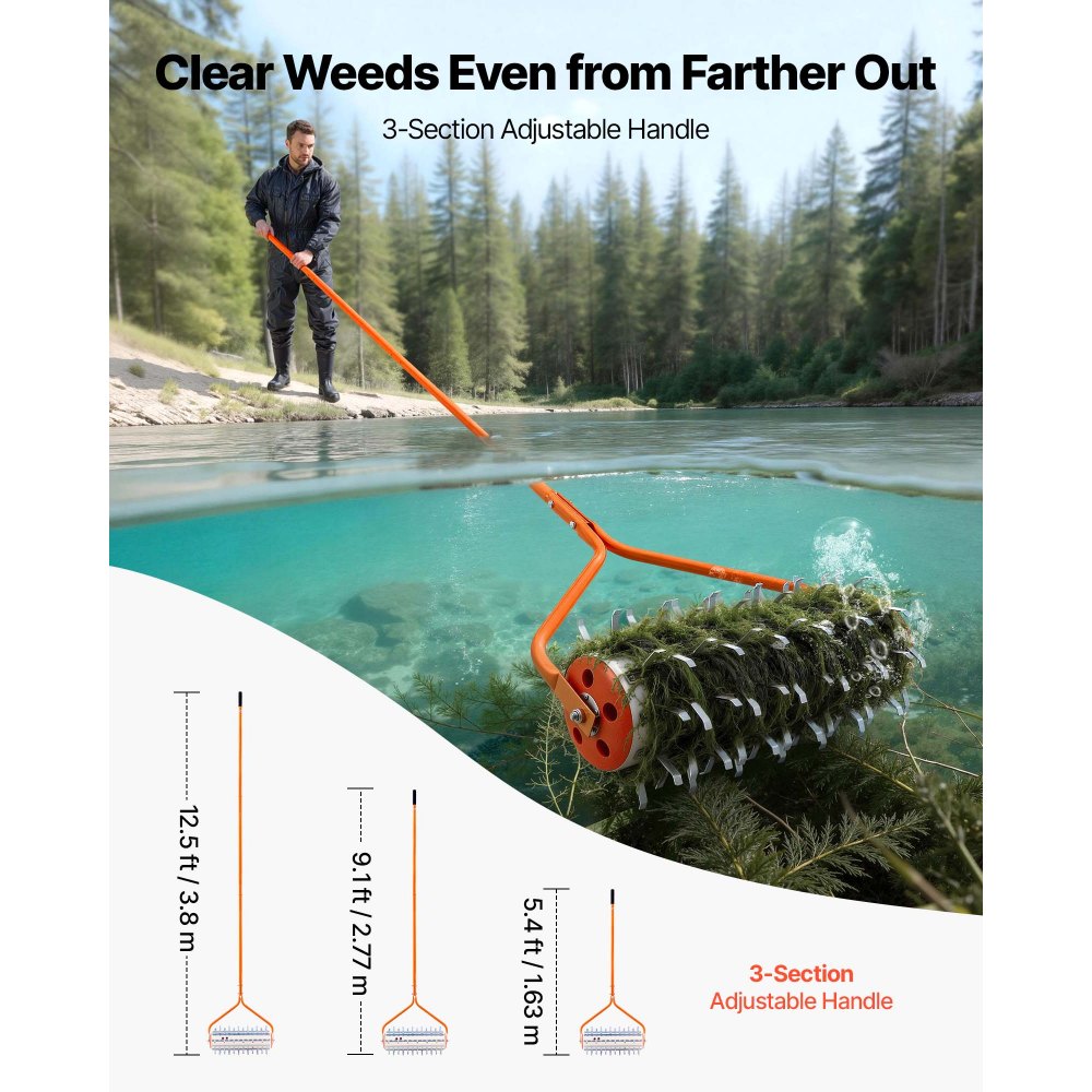 VEVOR Lake Weed Roller, 3.66 m Lake & Pond Weed Removal Tool, Muck Razer Aquatic & Sludge Tiller, Rid Roots and Muck Buildup, 9 Preassembled Galvanized Iron Blades, 3 Aluminum Handles, Easy Assembly