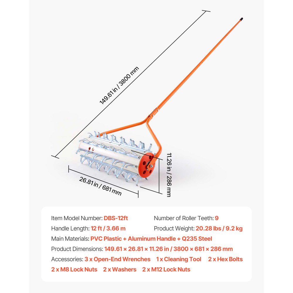 VEVOR Lake Weed Roller, 3.66 m Lake & Pond Weed Removal Tool, Muck Razer Aquatic & Sludge Tiller, Rid Roots and Muck Buildup, 9 Preassembled Galvanized Iron Blades, 3 Aluminum Handles, Easy Assembly