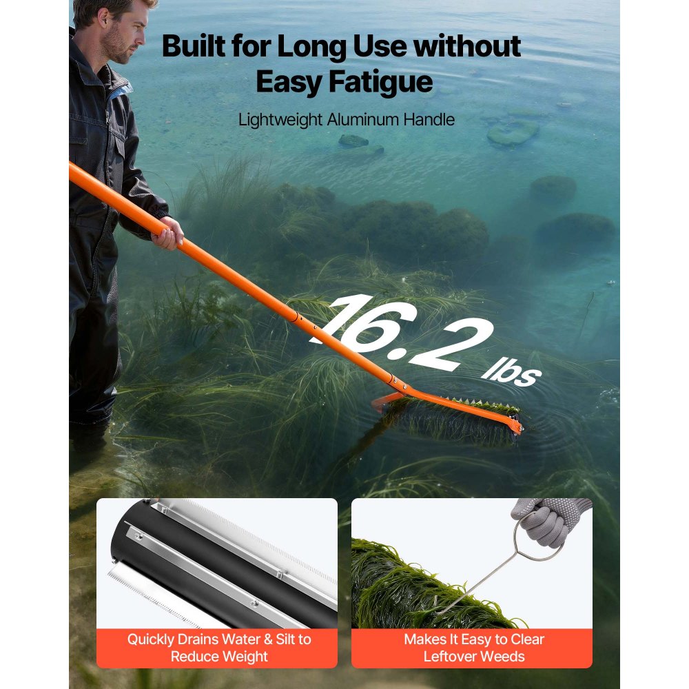 VEVOR Lake Weed Roller, 4.3 m Stainless Steel Lake & Pond Weed Removal Tool, Muck Razer Aquatic & Sludge Tiller, Rid Roots and Muck Buildup, 6 Preassembled Stainless Steel Blades, 4 Aluminum Handles