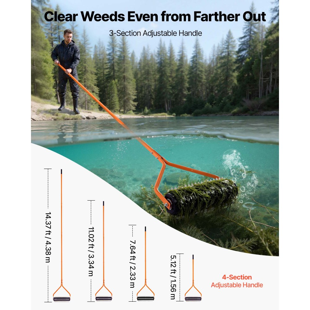 VEVOR Lake Weed Roller, 4.3 m Stainless Steel Lake & Pond Weed Removal Tool, Muck Razer Aquatic & Sludge Tiller, Rid Roots and Muck Buildup, 6 Preassembled Stainless Steel Blades, 4 Aluminum Handles