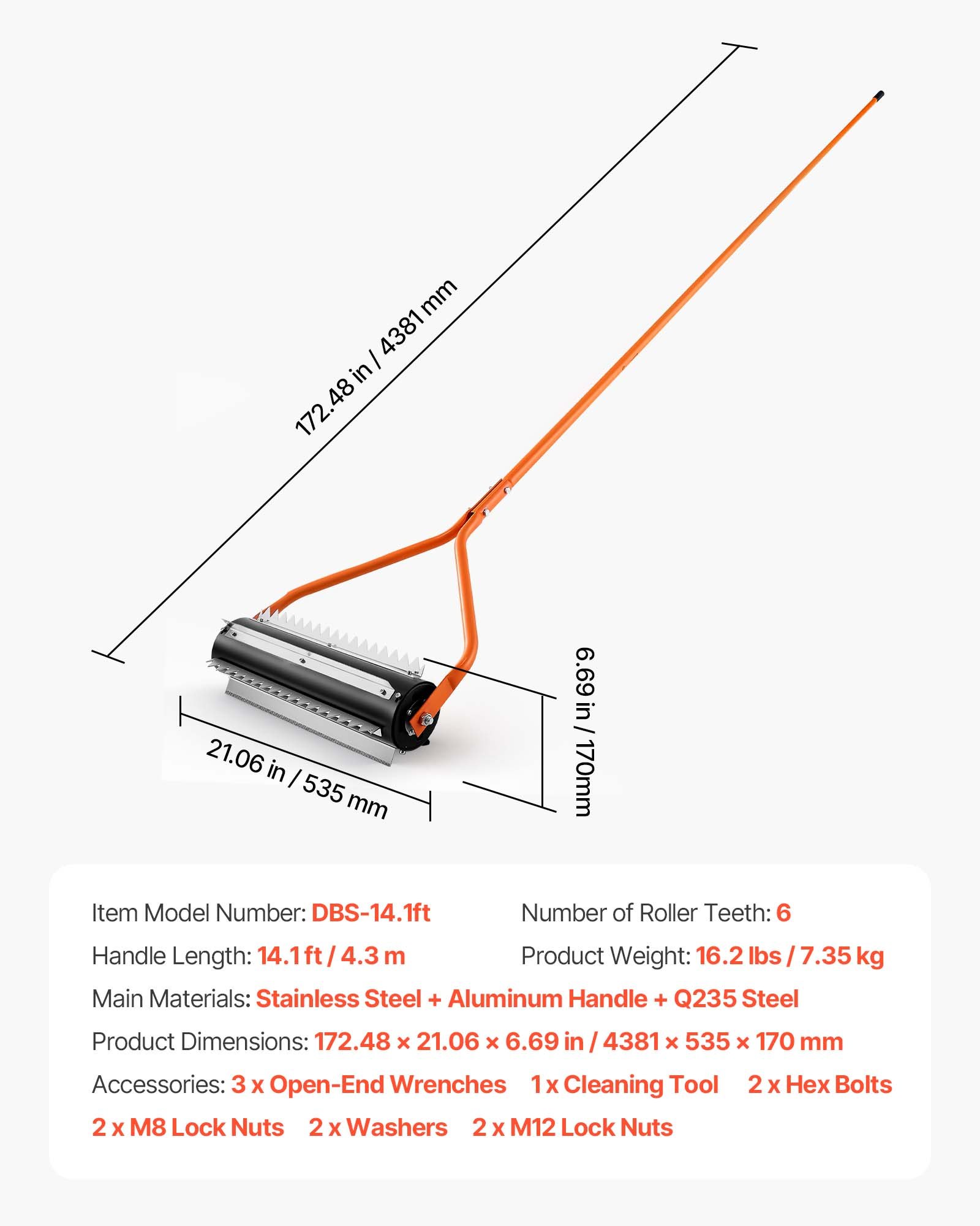 VEVOR Lake Weed Roller, 4.3 m Stainless Steel Lake & Pond Weed Removal Tool, Muck Razer Aquatic & Sludge Tiller, Rid Roots and Muck Buildup, 6 Preassembled Stainless Steel Blades, 4 Aluminum Handles