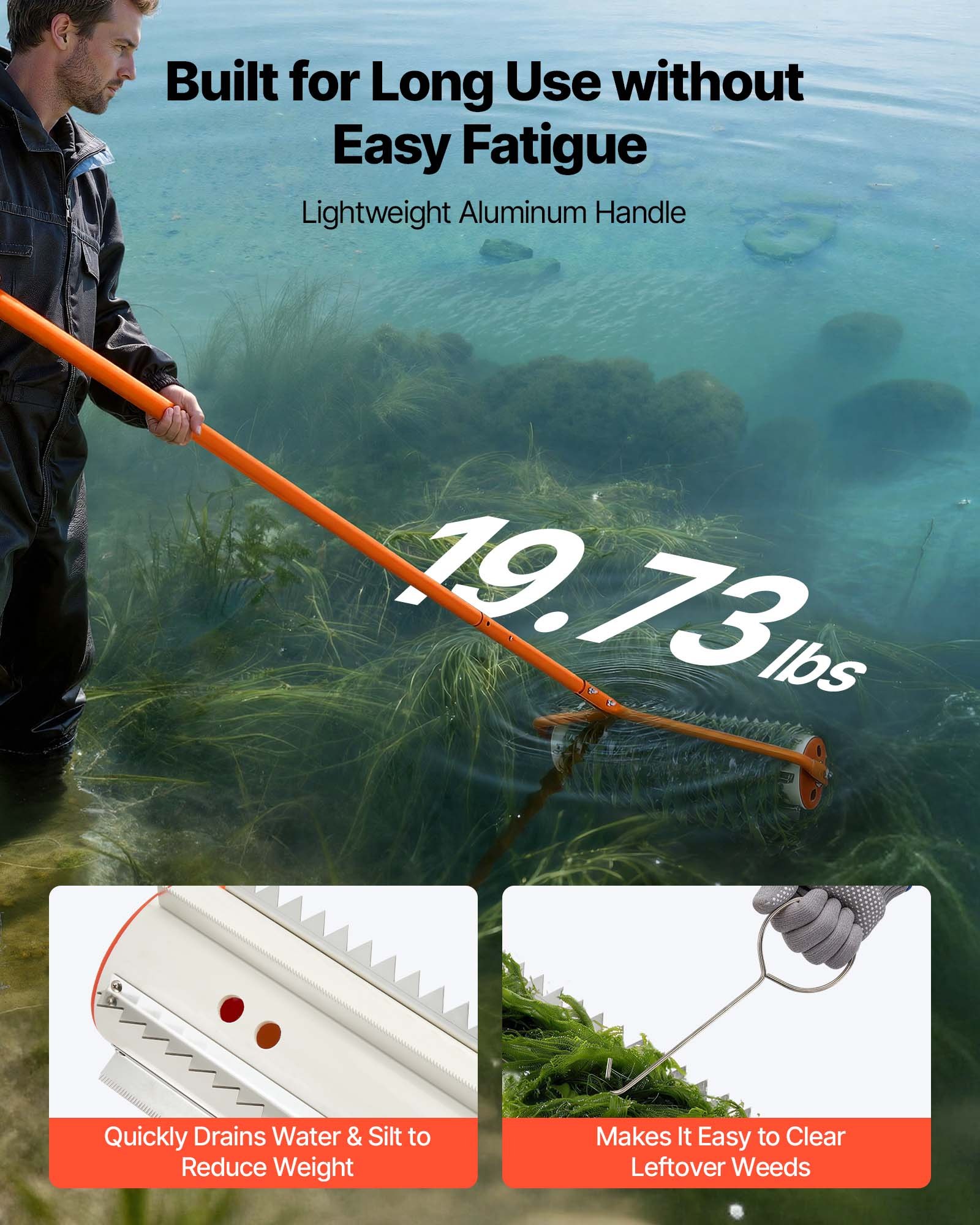 VEVOR Lake Weed Roller, 6.09 m Lake & Pond Weed Removal Tool, Muck Razer Aquatic & Sludge Tiller, Rid Roots and Muck Buildup, 6 Preassembled Stainless Steel Blades, 6 Aluminum Handles, Easy Assembly