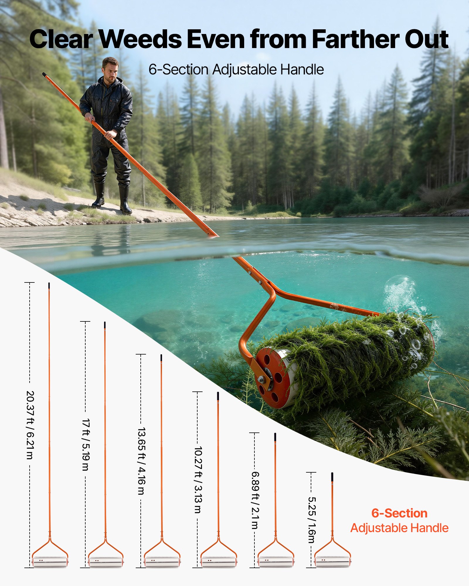 VEVOR Lake Weed Roller, 6.09 m Lake & Pond Weed Removal Tool, Muck Razer Aquatic & Sludge Tiller, Rid Roots and Muck Buildup, 6 Preassembled Stainless Steel Blades, 6 Aluminum Handles, Easy Assembly