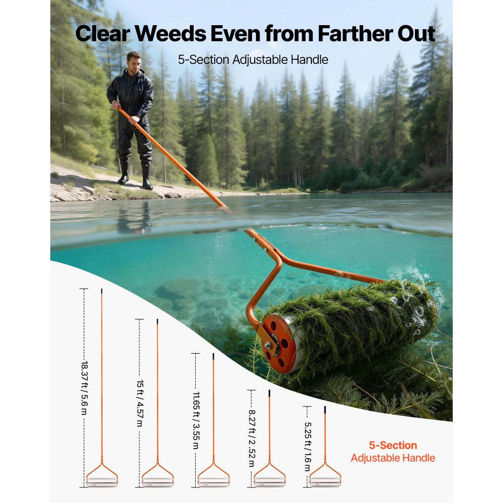 VEVOR Lake Weed Roller, 5.49 m Lake & Pond Weed Removal Tool, Muck Razer Aquatic & Sludge Tiller, Rid Roots and Muck Buildup, 6 Preassembled Stainless Steel Blades, 5 Aluminum Handles, Easy Assembly