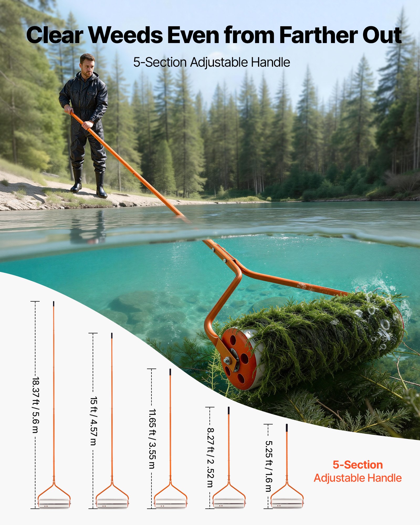 VEVOR Lake Weed Roller, 5.49 m Lake & Pond Weed Removal Tool, Muck Razer Aquatic & Sludge Tiller, Rid Roots and Muck Buildup, 6 Preassembled Stainless Steel Blades, 5 Aluminum Handles, Easy Assembly