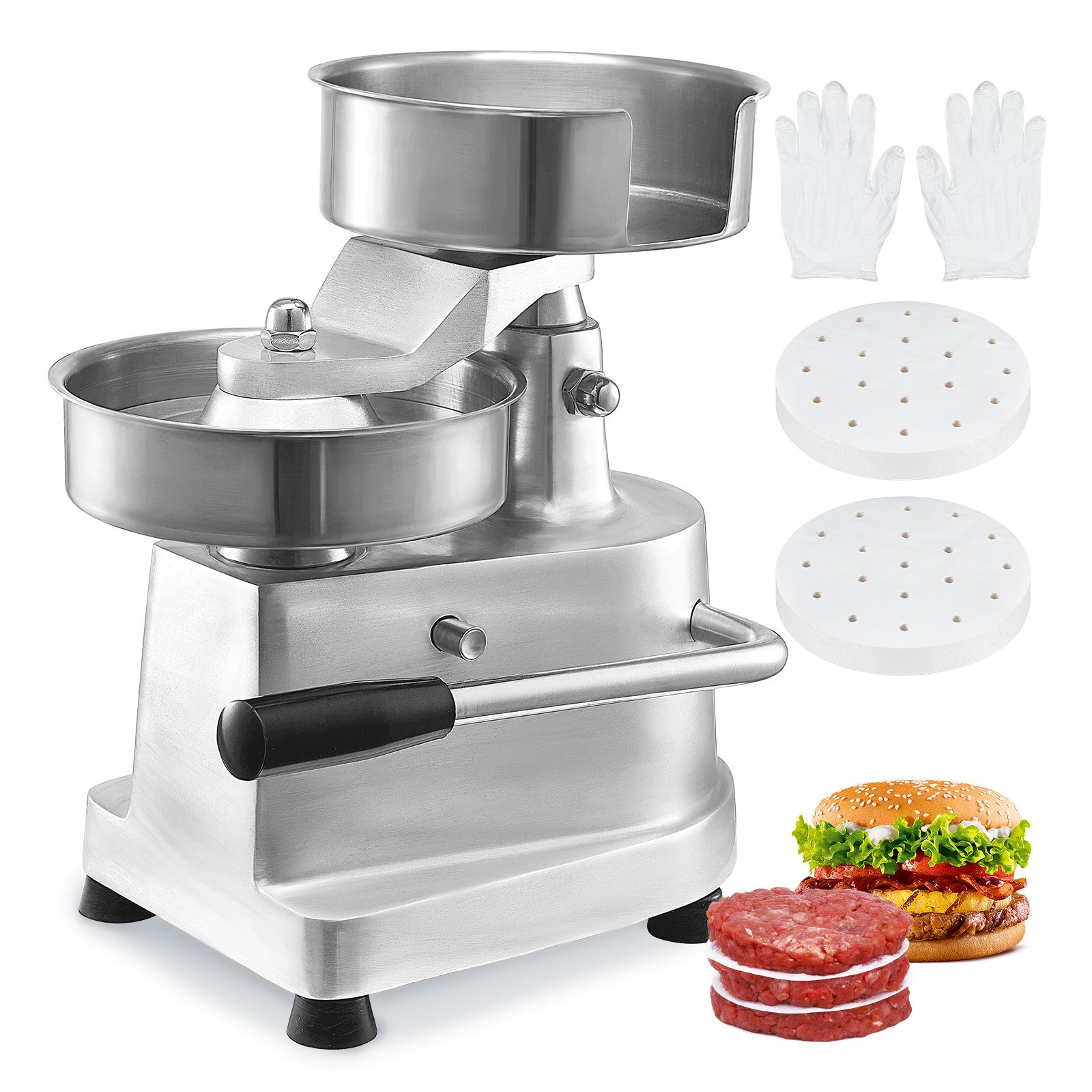 VEVOR Komercyjna maszyna do robienia kotletów do burgerów, 150 mm/6 cali, Wytrzymała prasa do burgerów ze stali nierdzewnej do kontaktu z żywnością, Kuchenna maszyna do formowania mięsa z 1000 arkuszami papieru do kotletów