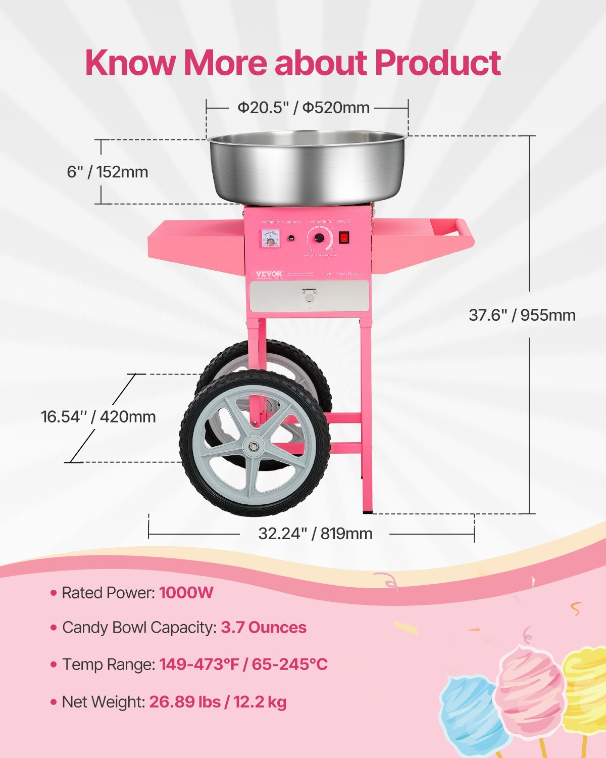 Elektryczna maszyna do waty cukrowej VEVOR, komercyjna, z wózkiem (1000 W) z misą ze stali nierdzewnej o średnicy 52 cm, łyżką do cukru i szufladką, idealna na urodziny dzieci i przyjęcia rodzinne, różowa