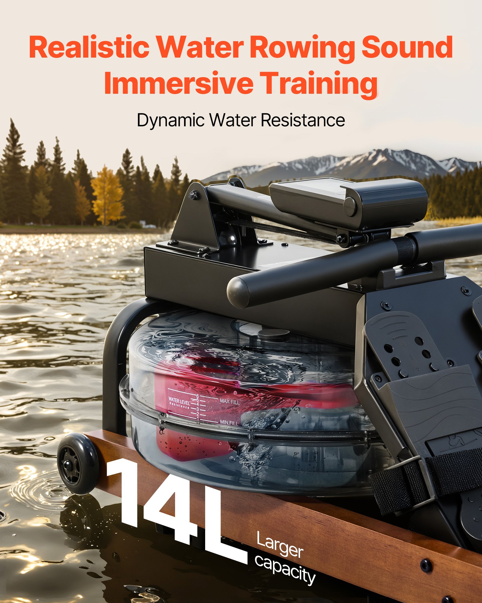 VEVOR Water Rowing Machine, 6-Level Quiet Resistance, Wooden Foldable Rower Machine with 14L Water Tank & LCD Monitor, Bluetooth App Compatible, 158kg Weight Capacity, Immersive Row Machines for Home