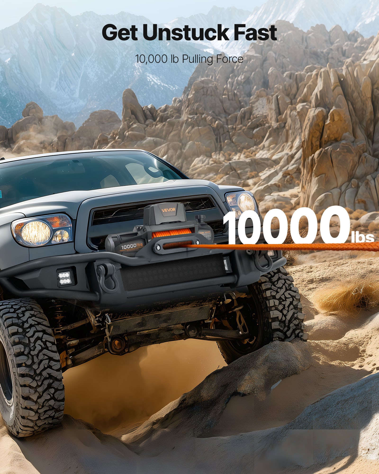 Wyciągarka elektryczna VEVOR, 4500 kg, 12 V DC, do samochodów ciężarowych, z liną syntetyczną Φ8,9 mm x 27,4 m, z bezprzewodowym i przewodowym pilotem, IP67, do holowania SUV-ów, jeepów, przyczep i łodzi