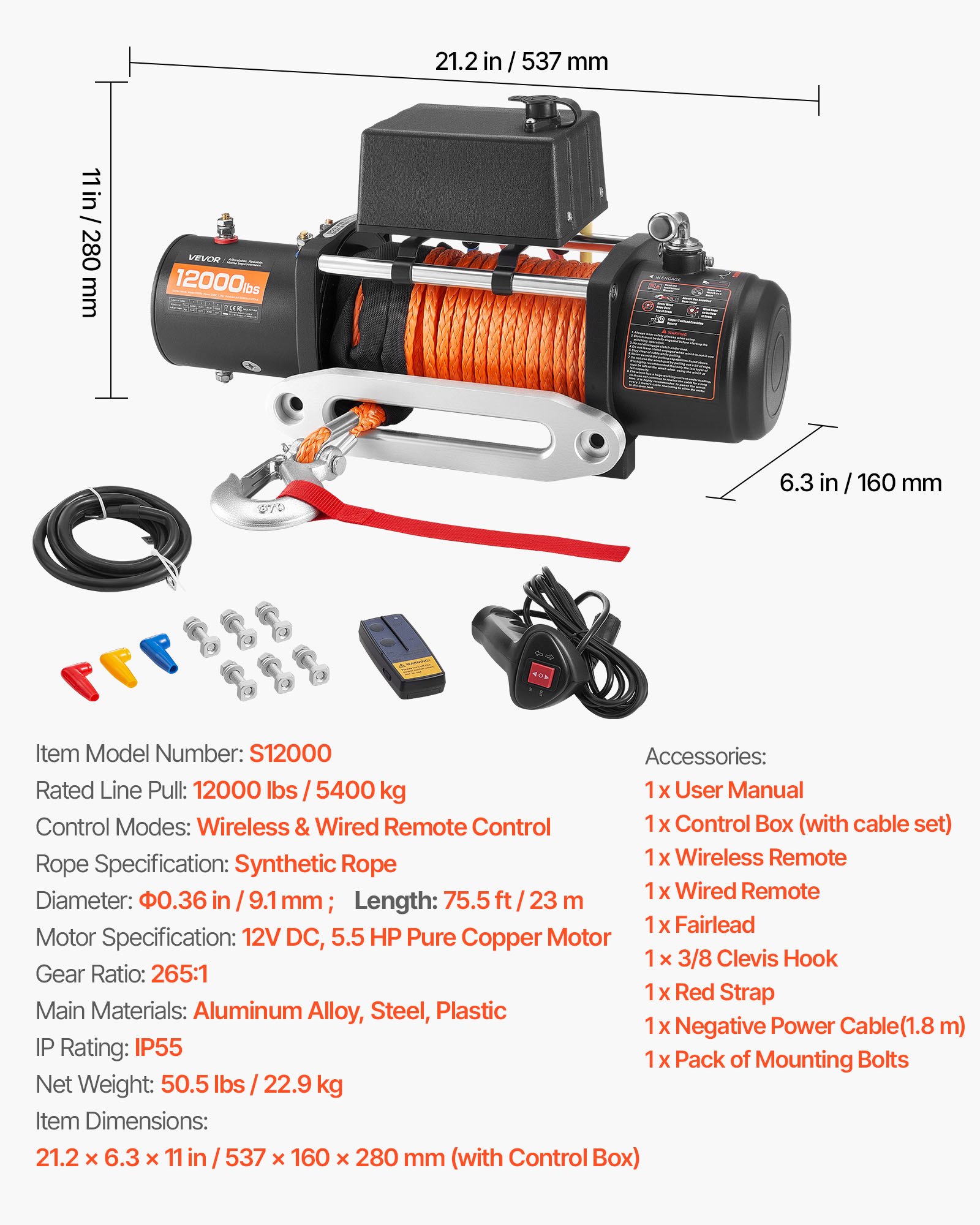 Wyciągarka elektryczna VEVOR, 5400 kg, 12 V DC, do samochodów ciężarowych, z liną syntetyczną Φ9,1 mm x 23 m, z bezprzewodowym i przewodowym pilotem, IP55 do holowania SUV-ów, jeepów, przyczep i łodzi