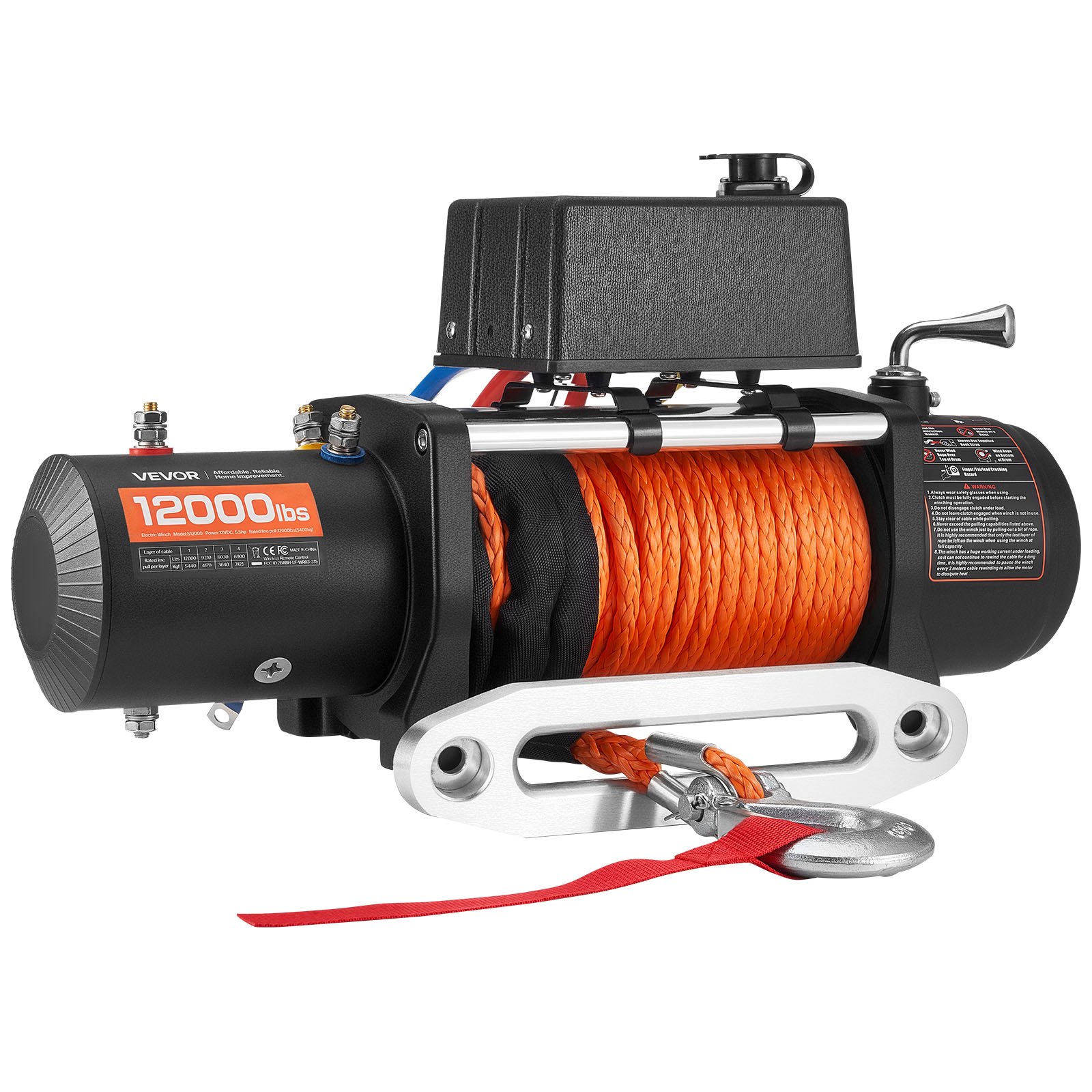 Wyciągarka elektryczna VEVOR, 5400 kg, 12 V DC, do samochodów ciężarowych, z liną syntetyczną Φ9,1 mm x 23 m, z bezprzewodowym i przewodowym pilotem, IP55 do holowania SUV-ów, jeepów, przyczep i łodzi