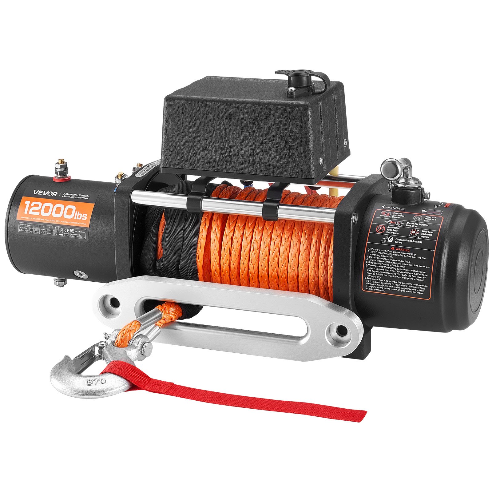 Wyciągarka elektryczna VEVOR, 5400 kg, 12 V DC, do samochodów ciężarowych, z liną syntetyczną Φ9,1 mm x 23 m, z bezprzewodowym i przewodowym pilotem, IP55 do holowania SUV-ów, jeepów, przyczep i łodzi
