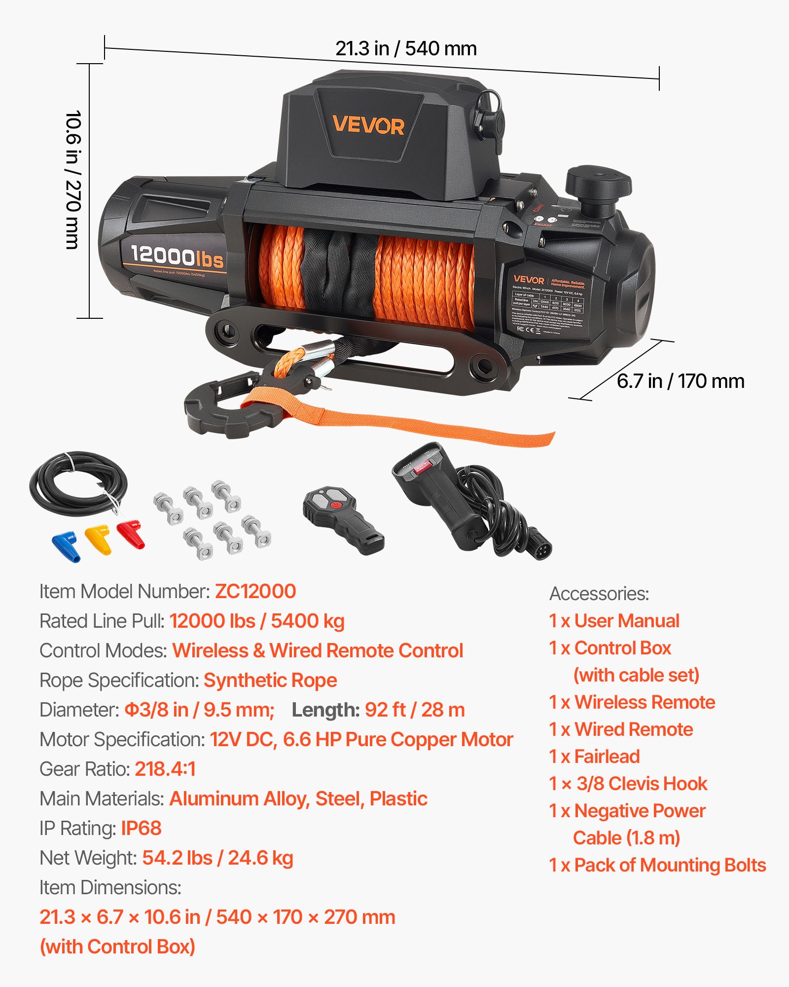 Wyciągarka elektryczna VEVOR, 5400 kg, 12 V DC, do samochodów ciężarowych, z liną syntetyczną Φ 9,5 mm x 28 m, z bezprzewodowym i przewodowym pilotem, IP67, do holowania SUV-ów, jeepów, przyczep i łodzi