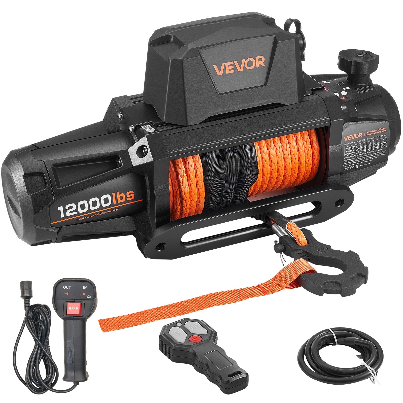 Wyciągarka elektryczna VEVOR, 5400 kg, 12 V DC, do samochodów ciężarowych, z liną syntetyczną Φ 9,5 mm x 28 m, z bezprzewodowym i przewodowym pilotem, IP67, do holowania SUV-ów, jeepów, przyczep i łodzi