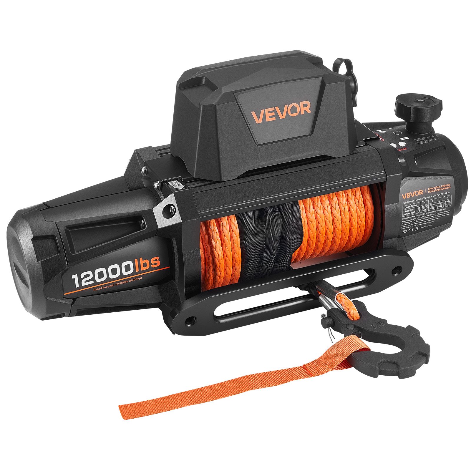 Wyciągarka elektryczna VEVOR, 5400 kg, 12 V DC, do samochodów ciężarowych, z liną syntetyczną Φ 9,5 mm x 28 m, z bezprzewodowym i przewodowym pilotem, IP67, do holowania SUV-ów, jeepów, przyczep i łodzi