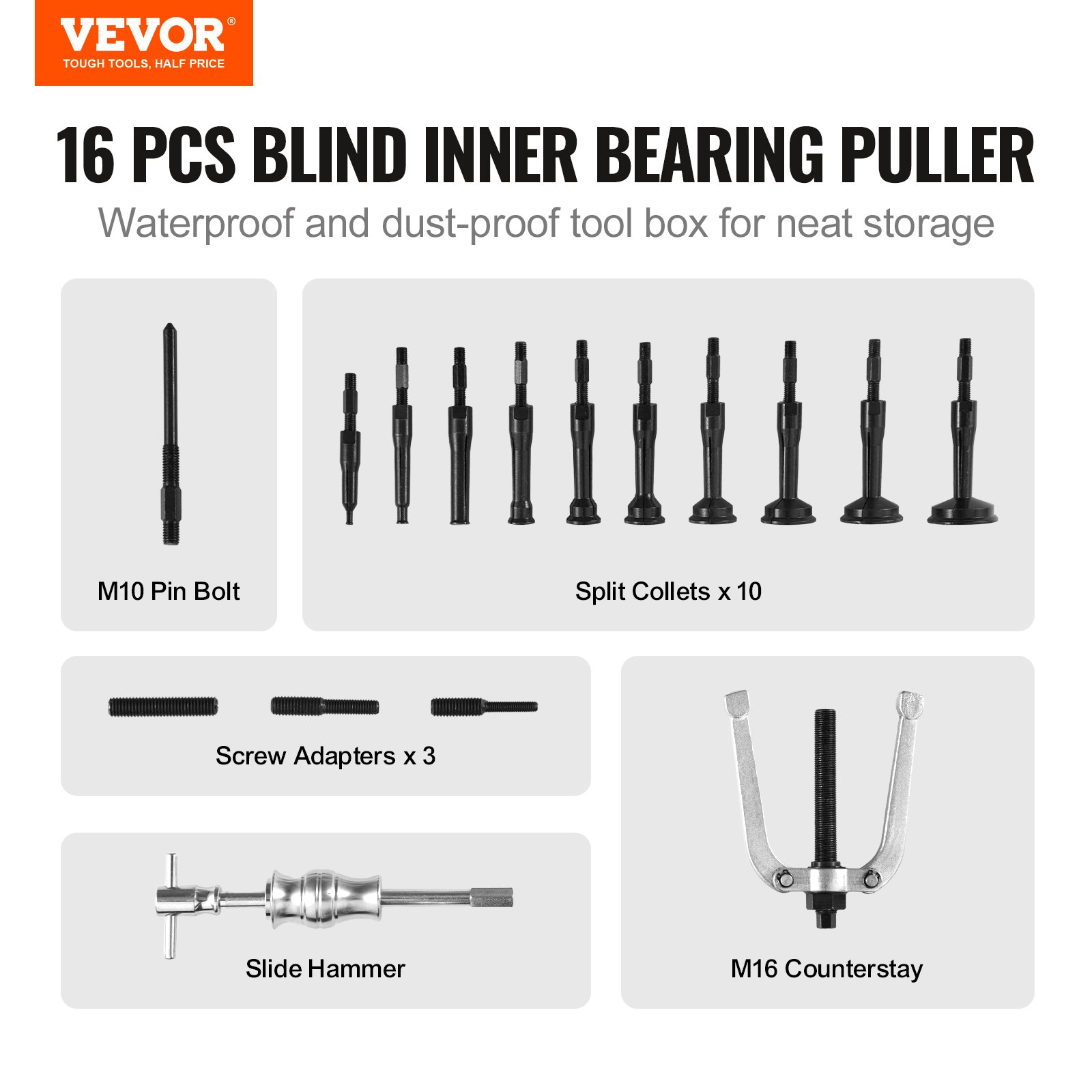 VEVOR Blind Hole Collet Bearing Ring and Seal Puller Extraction Set, Slide Hammer Pilot Insert Tool Set for Bottom Bracket Removal, 10 Adjustable Collets and Counter Holders, 16-Piece