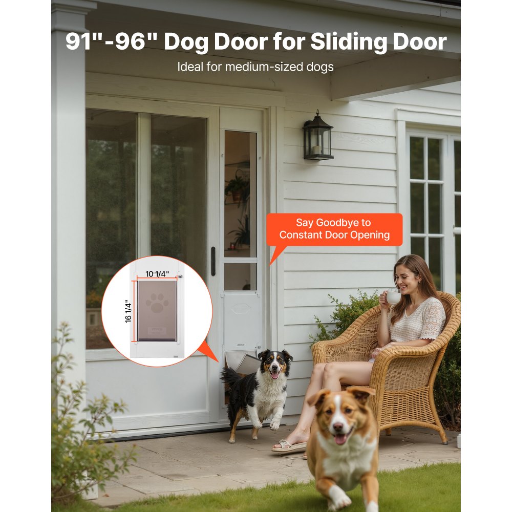Drzwi dla zwierząt VEVOR Dog Door, do szklanych drzwi przesuwnych, regulowana wysokość 2311–2439 mm, rama ze stopu aluminium z obrotowymi metalowymi zawiasami i zamkiem, wymiary zasłony 260,4 x 412,8 mm, kolor biały