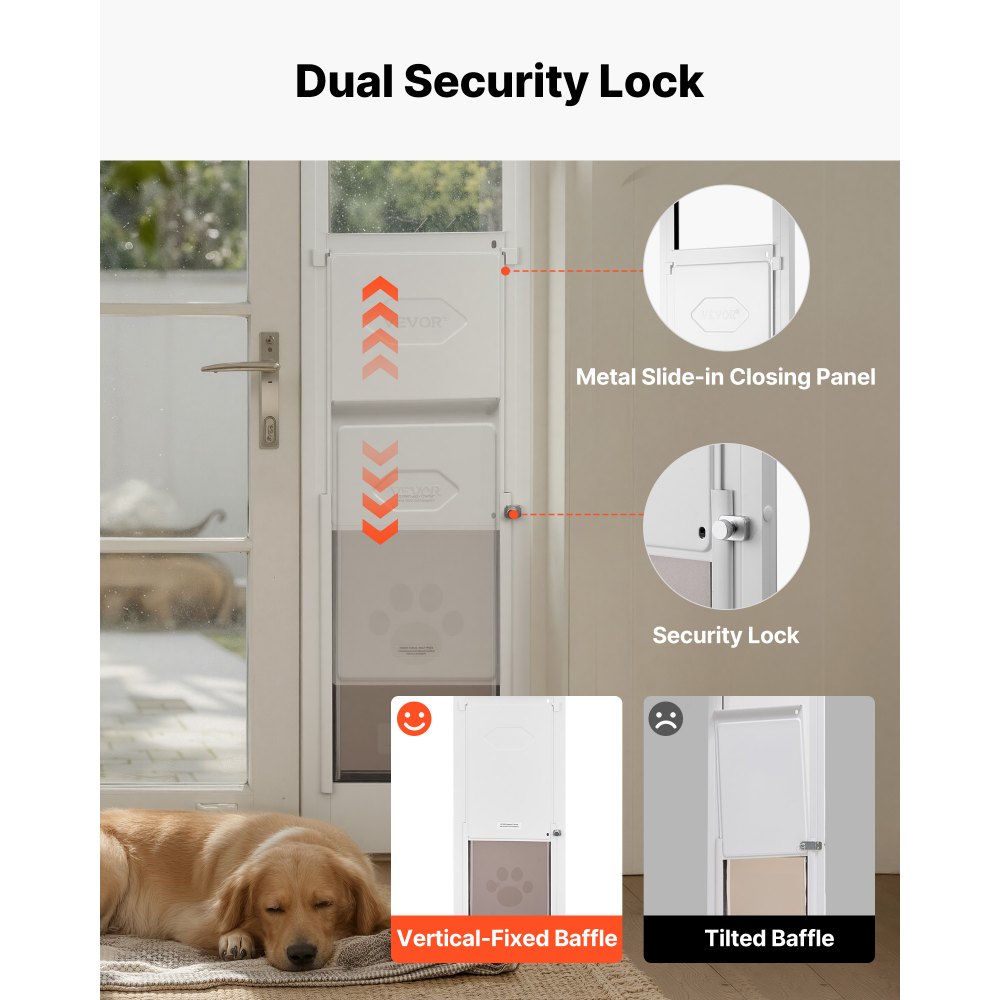 Drzwi dla zwierząt VEVOR Dog Door, do szklanych drzwi przesuwnych, regulowana wysokość 2311–2439 mm, rama ze stopu aluminium z obrotowymi metalowymi zawiasami i zamkiem, wymiary zasłony 260,4 x 412,8 mm, kolor biały