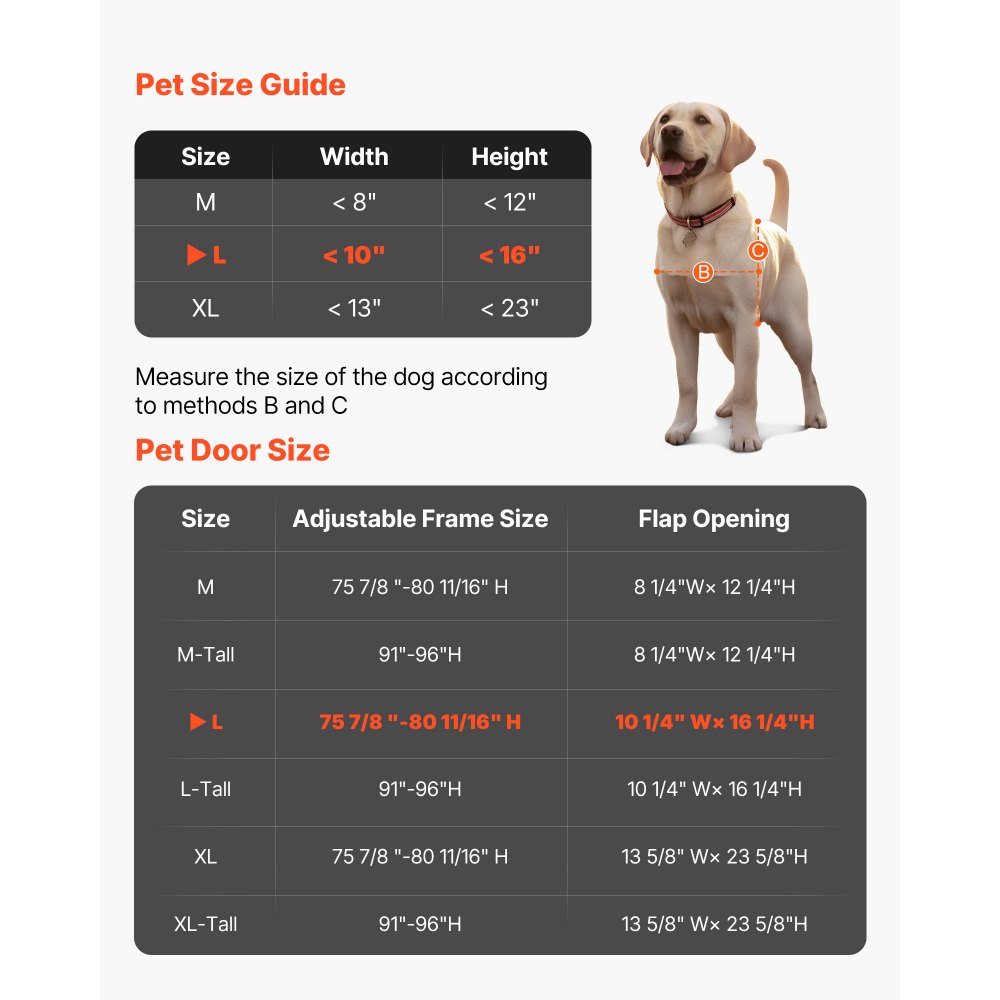 Drzwi dla zwierząt VEVOR Dog Door, do szklanych drzwi przesuwnych, regulowana wysokość 2311–2439 mm, rama ze stopu aluminium z obrotowymi metalowymi zawiasami i zamkiem, wymiary zasłony 260,4 x 412,8 mm, kolor biały