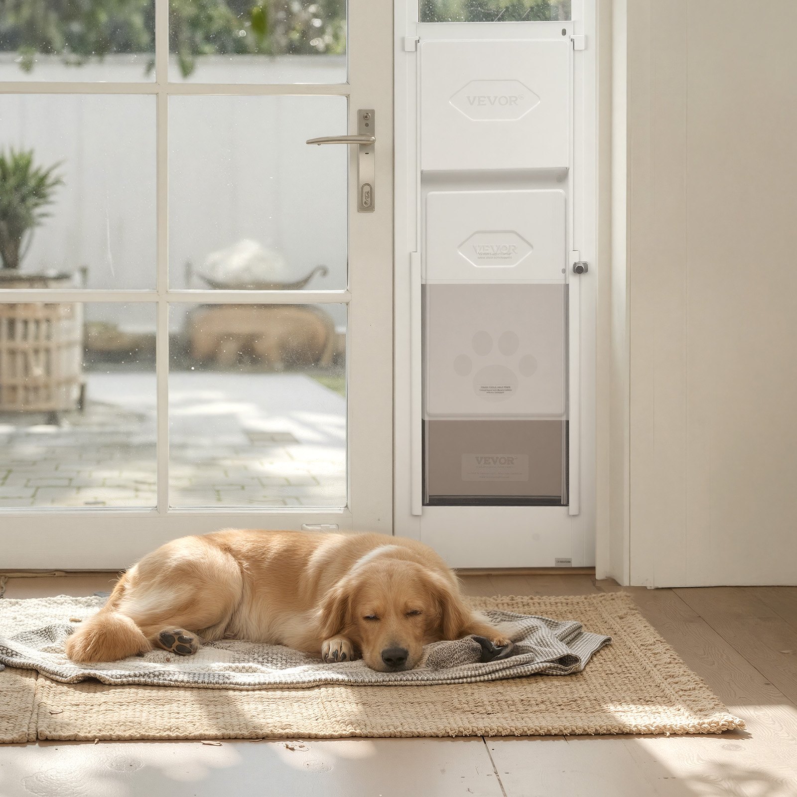 Drzwi dla zwierząt VEVOR Dog Door, do szklanych drzwi przesuwnych, regulowana wysokość 2311–2439 mm, rama ze stopu aluminium z obrotowymi metalowymi zawiasami i zamkiem, wymiary zasłony 260,4 x 412,8 mm, kolor biały