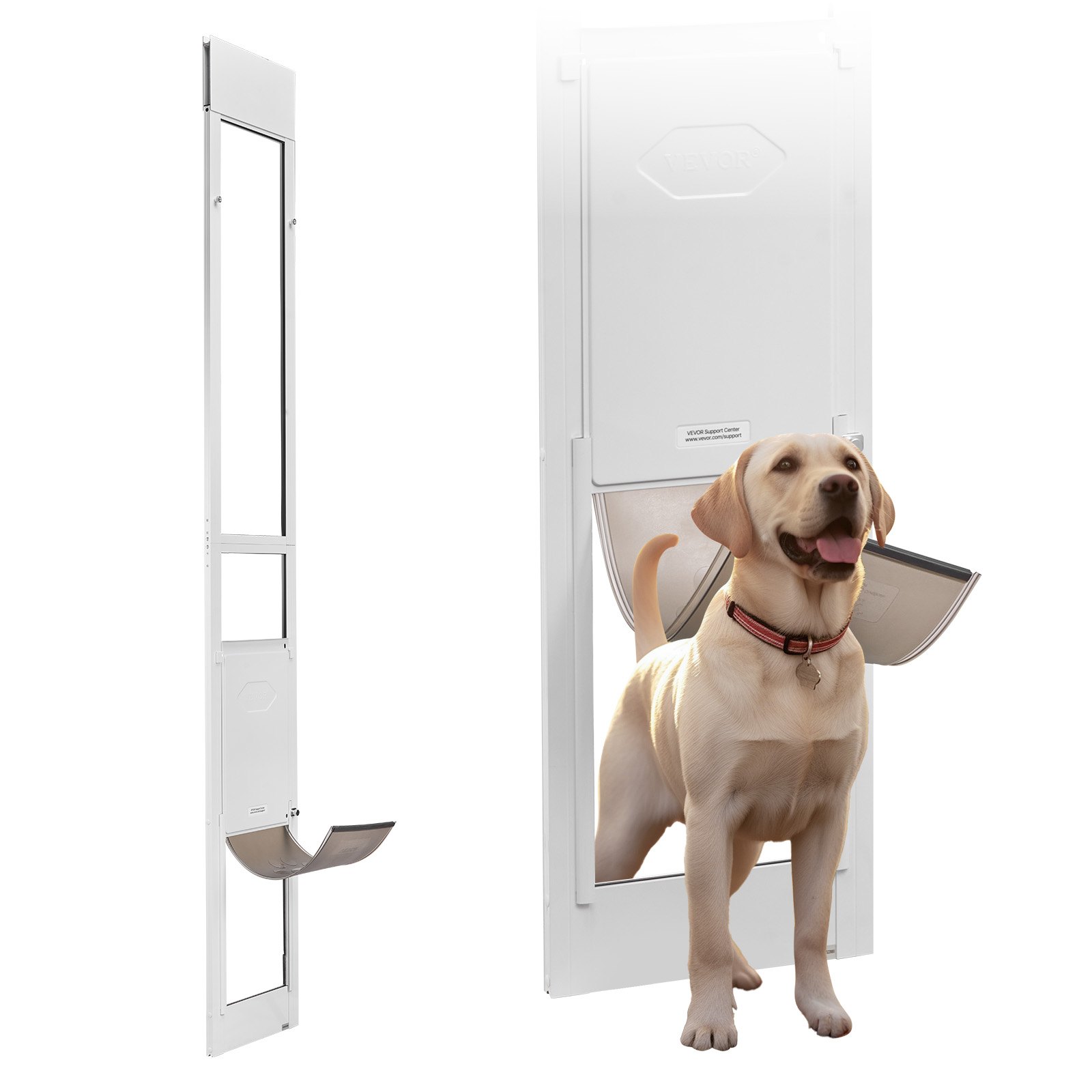 Drzwi dla zwierząt VEVOR Dog Door, do szklanych drzwi przesuwnych, regulowana wysokość 2311–2439 mm, rama ze stopu aluminium z obrotowymi metalowymi zawiasami i zamkiem, wymiary zasłony 260,4 x 412,8 mm, kolor biały