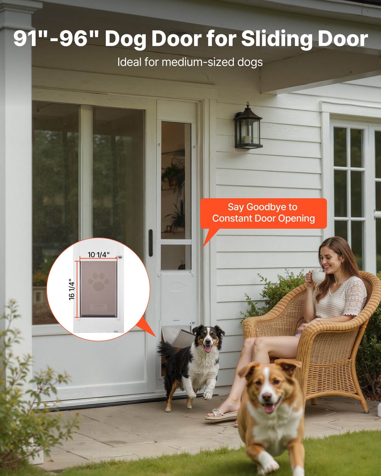 Drzwi dla zwierząt VEVOR Dog Door, do szklanych drzwi przesuwnych, regulowana wysokość 2311–2439 mm, rama ze stopu aluminium z obrotowymi metalowymi zawiasami i zamkiem, wymiary zasłony 260,4 x 412,8 mm, kolor biały