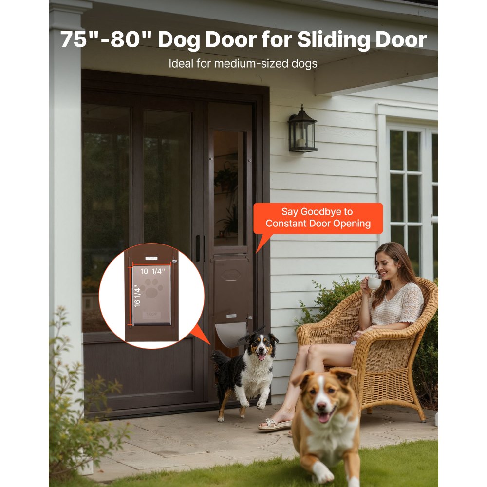 Drzwi dla zwierząt VEVOR Dog Door, do szklanych drzwi przesuwnych, regulowana wysokość 1927–2040 mm, rama ze stopu aluminium z obrotowymi metalowymi zawiasami i zamkiem, wymiary zasłony 260,4 x 412,8 mm, brązowe