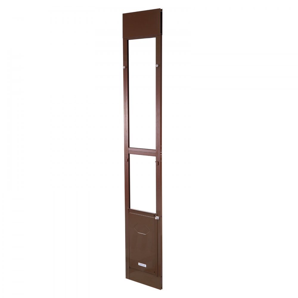 Drzwi dla zwierząt VEVOR Dog Door, do szklanych drzwi przesuwnych, regulowana wysokość 1927–2040 mm, rama ze stopu aluminium z obrotowymi metalowymi zawiasami i zamkiem, wymiary zasłony 260,4 x 412,8 mm, brązowe
