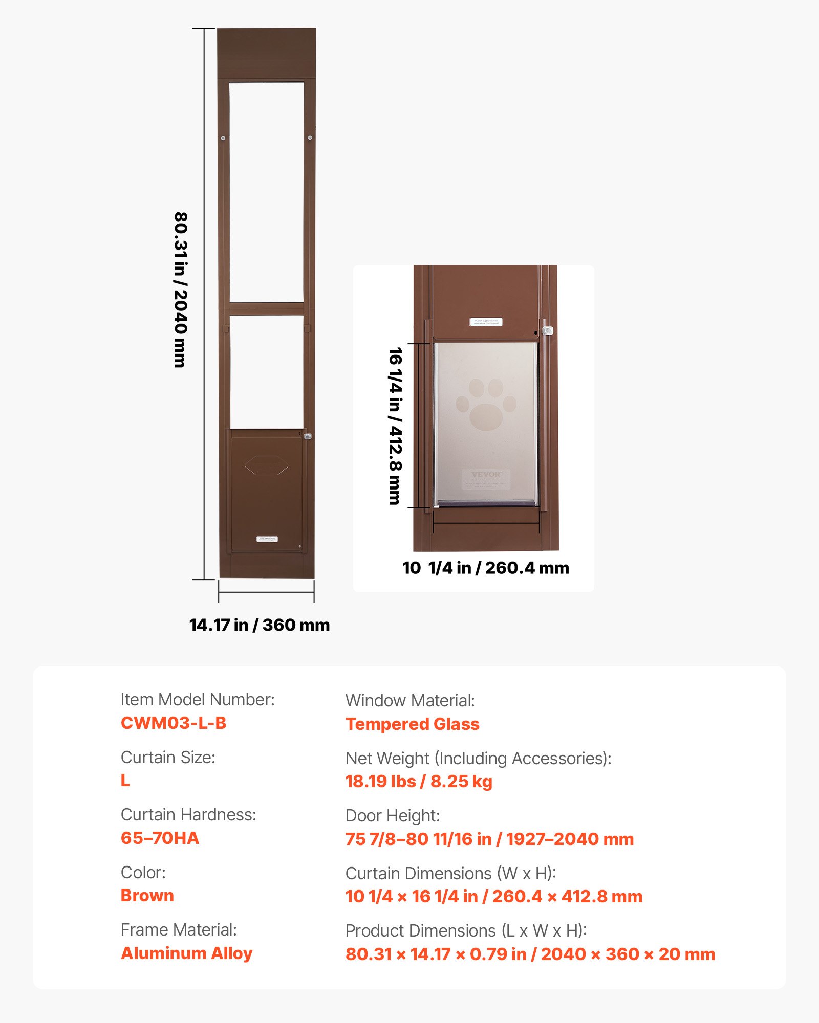 Drzwi dla zwierząt VEVOR Dog Door, do szklanych drzwi przesuwnych, regulowana wysokość 1927–2040 mm, rama ze stopu aluminium z obrotowymi metalowymi zawiasami i zamkiem, wymiary zasłony 260,4 x 412,8 mm, brązowe