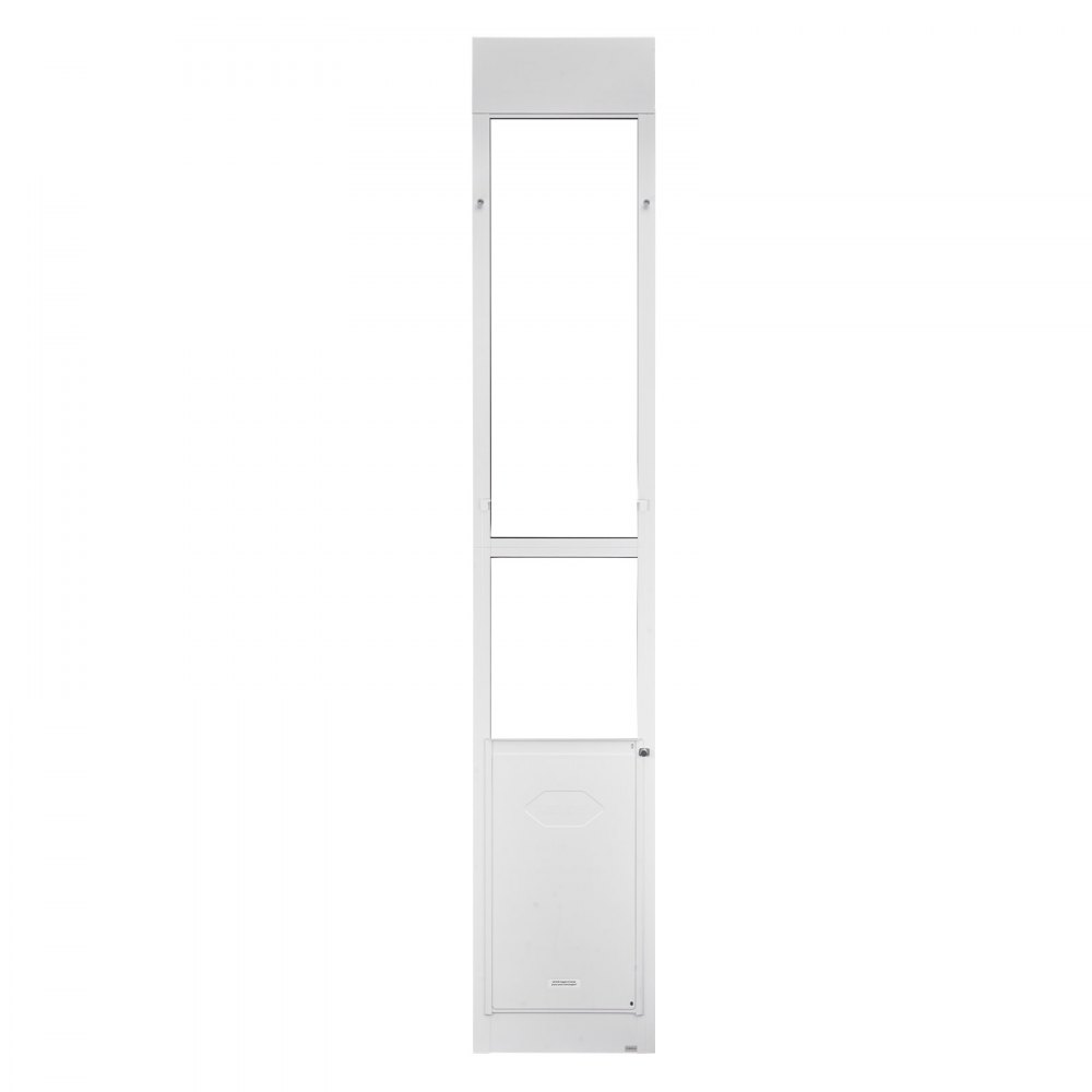 Drzwi dla zwierząt VEVOR Dog Door, do szklanych drzwi przesuwnych, regulowana wysokość 2311–2439 mm, rama ze stopu aluminium z obrotowymi metalowymi zawiasami i zamkiem, wymiary zasłony 346 x 600 mm, kolor biały