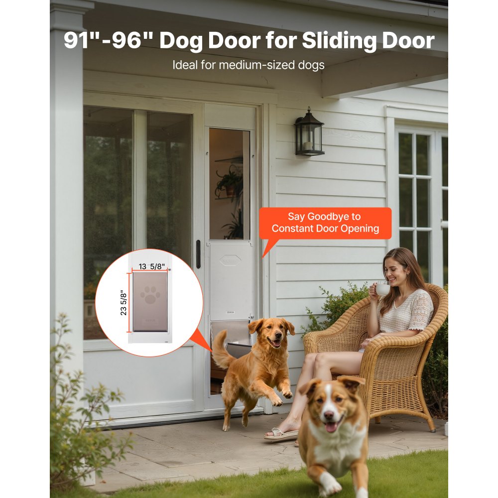 Drzwi dla zwierząt VEVOR Dog Door, do szklanych drzwi przesuwnych, regulowana wysokość 2311–2439 mm, rama ze stopu aluminium z obrotowymi metalowymi zawiasami i zamkiem, wymiary zasłony 346 x 600 mm, kolor biały
