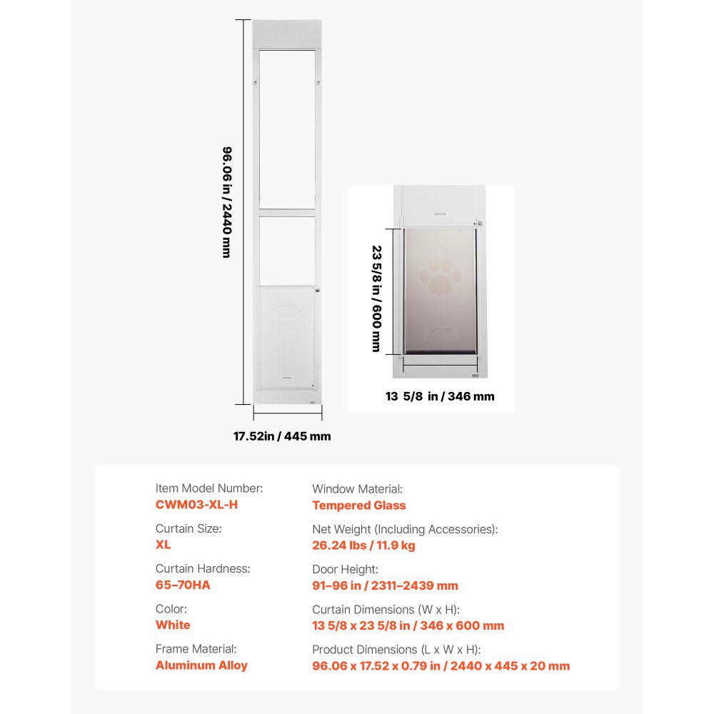 Drzwi dla zwierząt VEVOR Dog Door, do szklanych drzwi przesuwnych, regulowana wysokość 2311–2439 mm, rama ze stopu aluminium z obrotowymi metalowymi zawiasami i zamkiem, wymiary zasłony 346 x 600 mm, kolor biały