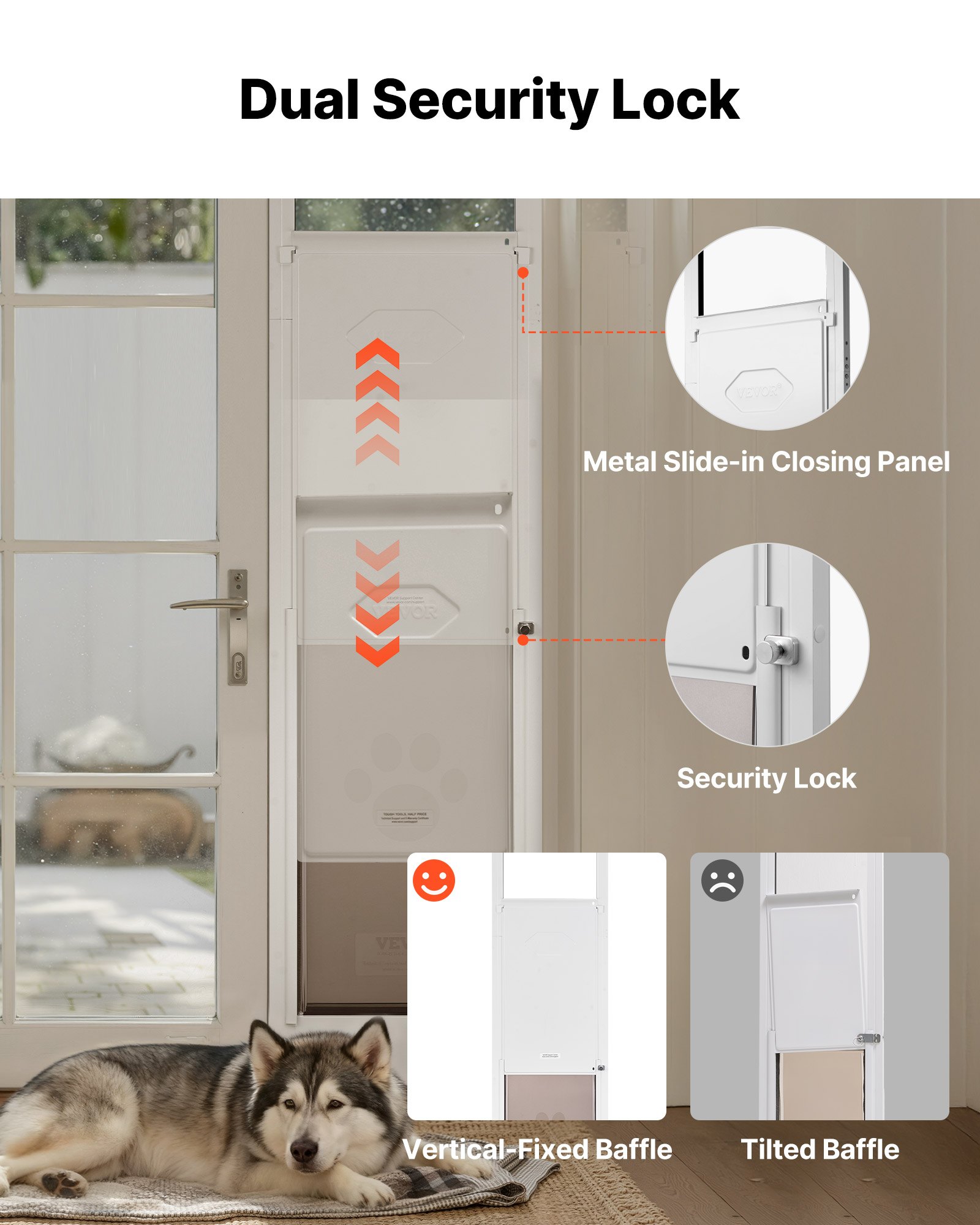 Drzwi dla zwierząt VEVOR Dog Door, do szklanych drzwi przesuwnych, regulowana wysokość 2311–2439 mm, rama ze stopu aluminium z obrotowymi metalowymi zawiasami i zamkiem, wymiary zasłony 346 x 600 mm, kolor biały